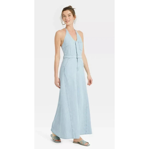 Universal Thread Women's Halter Neck Denim Maxi Dress with Pockets Light Blue 10 - Picture 1 of 16